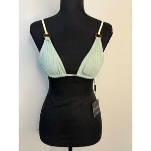 JLUXLABEL‎ Sage Green Ribbed Triangle Bikini Top with Tortoise Rings Small NWT